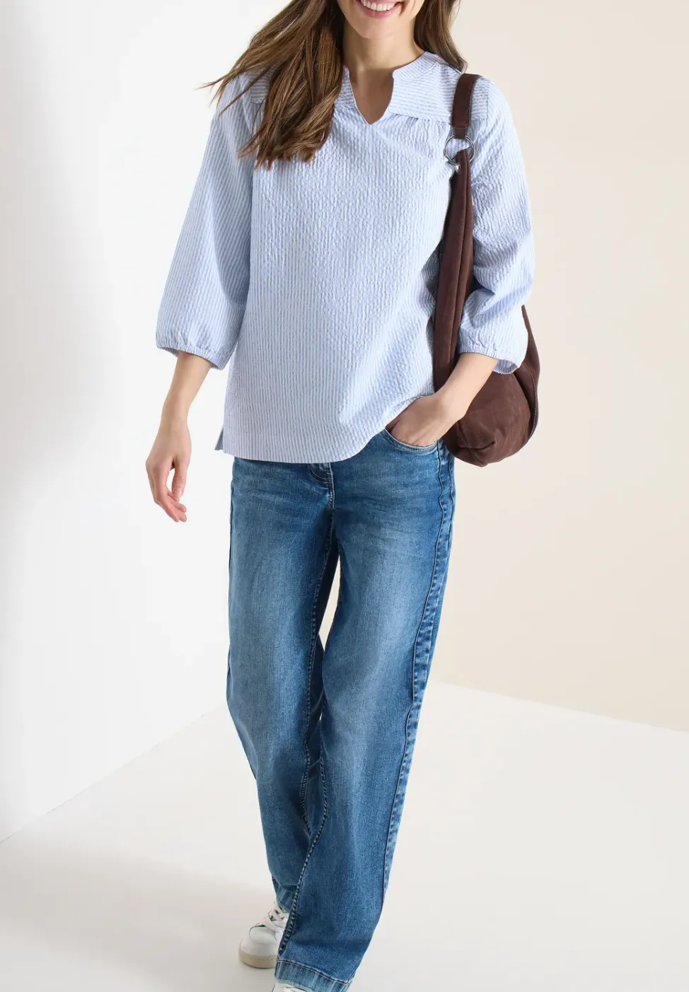 3/4-Arm Bluse in Seersucker Qualität