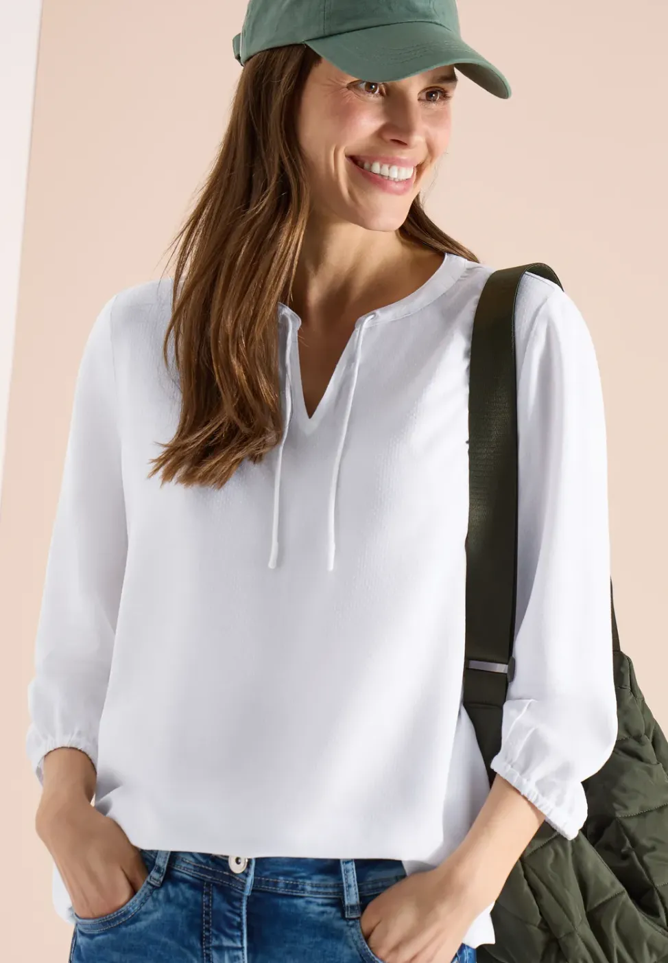 3/4-Arm Bluse mit Split Neck und Bändern