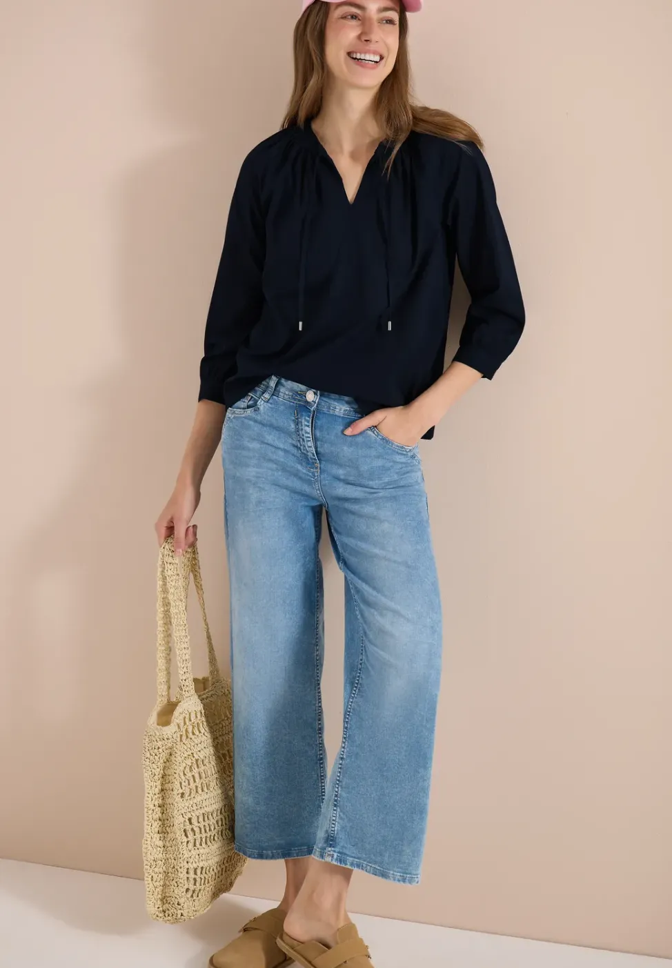 3/4-Arm Bluse mit Split Neck in Unifarbe