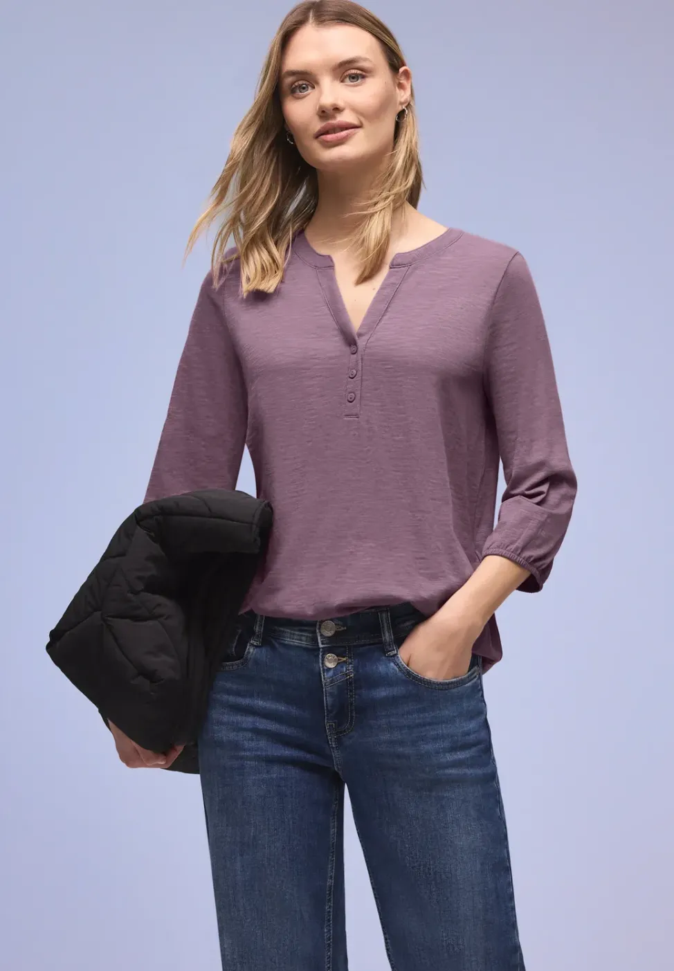3/4-Arm Shirt mit Split Neck und Knöpfen