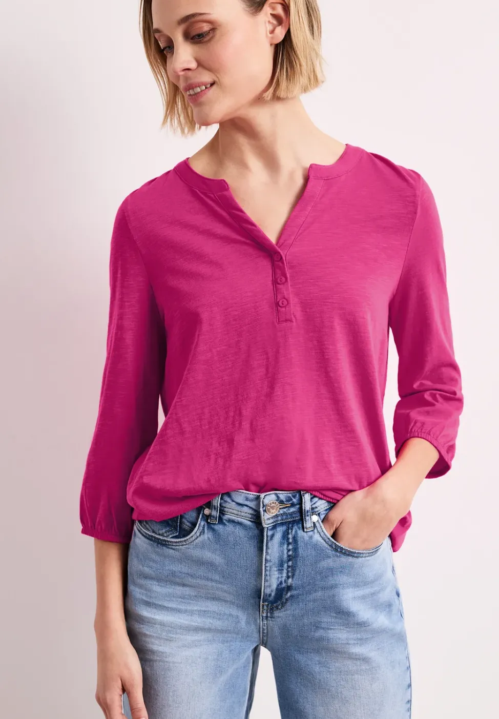 3/4-Arm Shirt mit Split Neck und Knöpfen