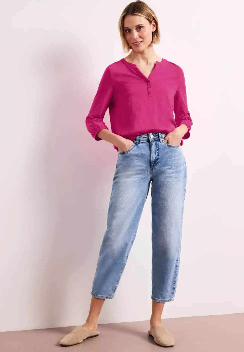 3/4-Arm Shirt mit Split Neck und Knöpfen