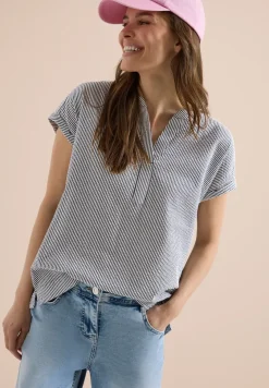 Bluse mit Split Neck in Seersuckerqualität