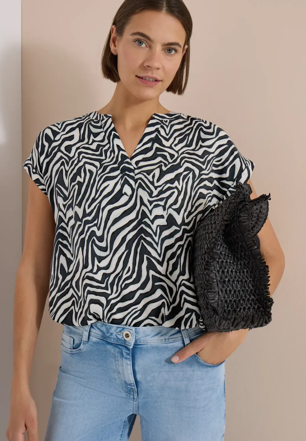 Bluse mit Split Neck und Zebra-Print