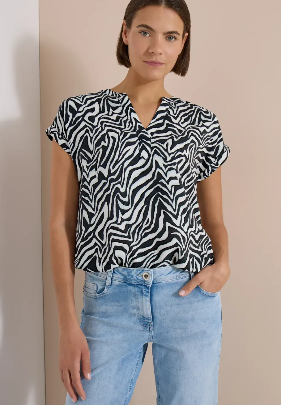 Bluse mit Split Neck und Zebra-Print
