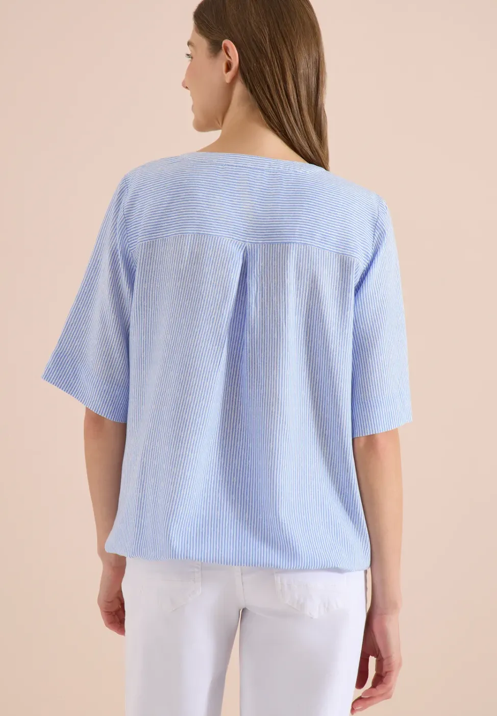 Kurzarm Bluse mit Split Neck und Streifen