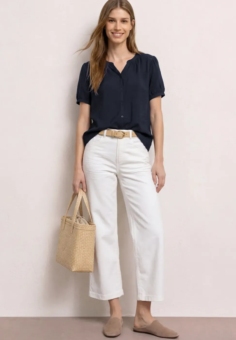 Kurzarm Bluse mit Split Neck und Knöpfen