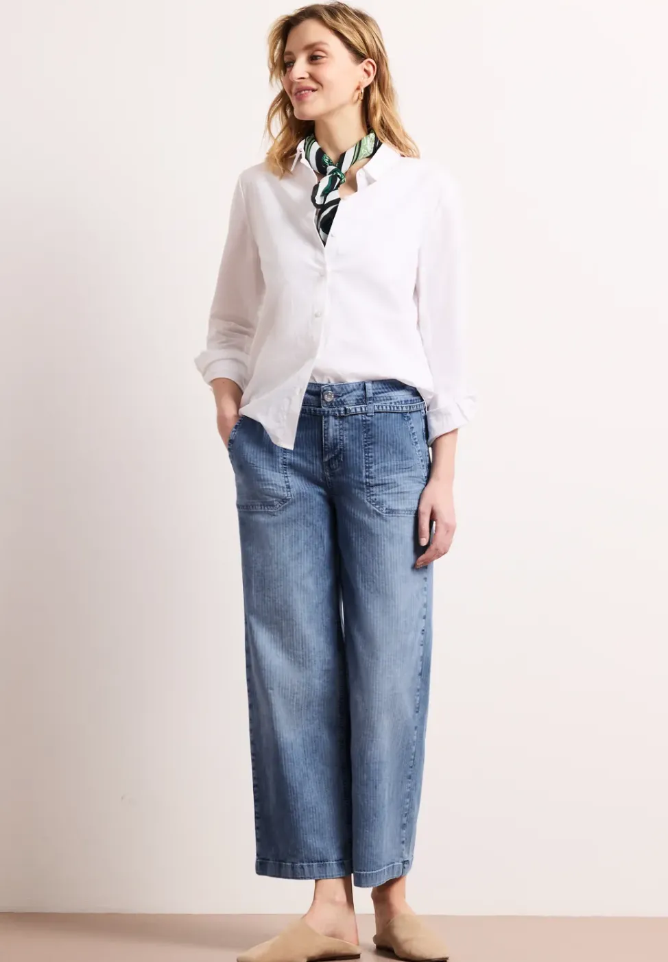 Mid Waist Wide Leg Jeans mit Streifen
