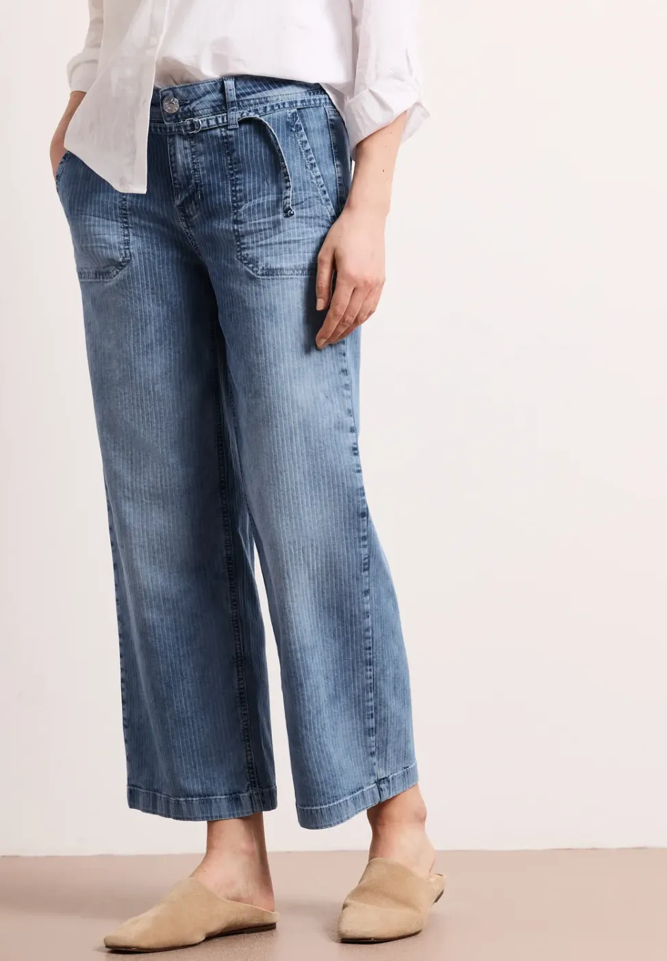 Mid Waist Wide Leg Jeans mit Streifen