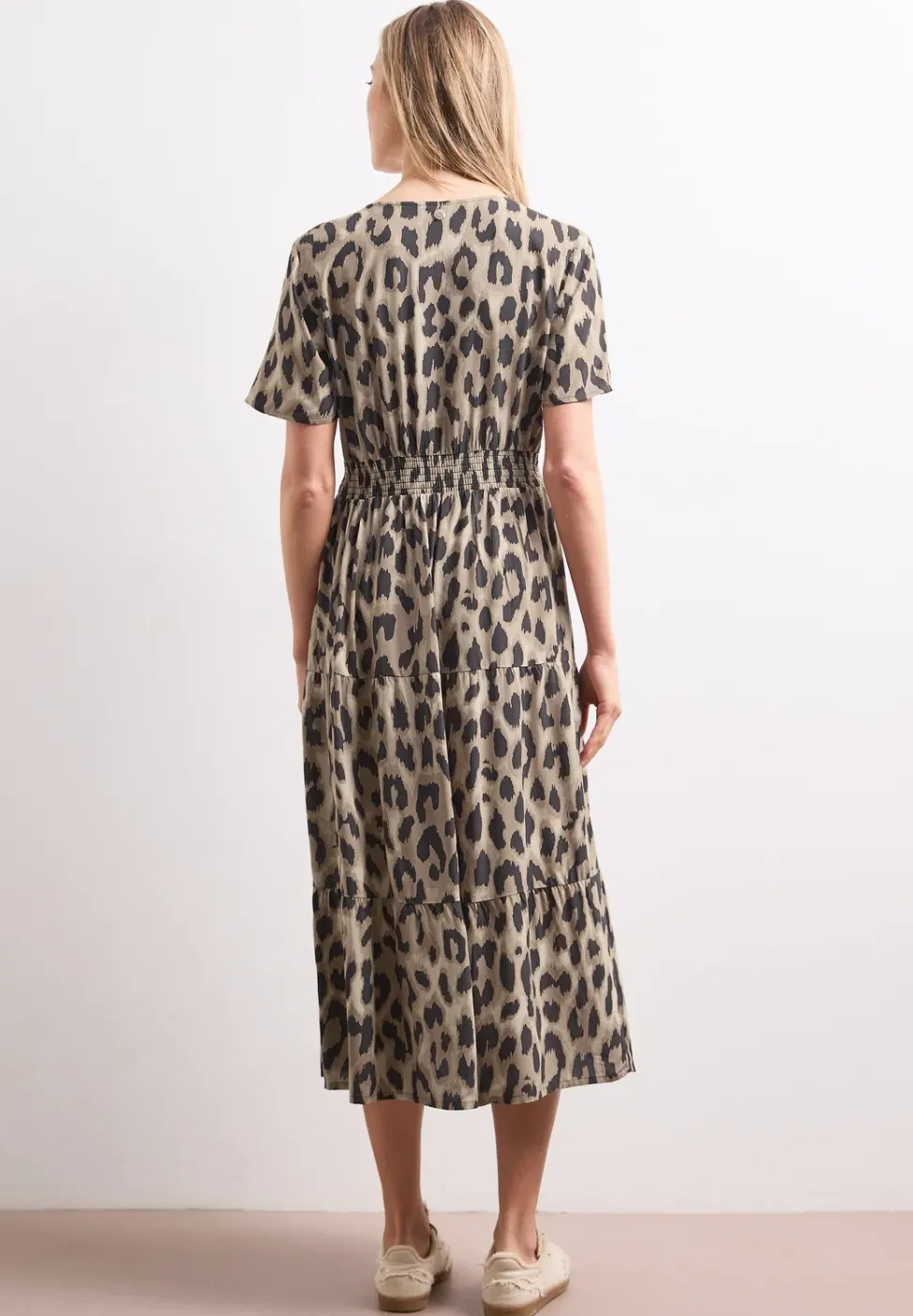 Midi-Kleid mit Print und Smok-Detail