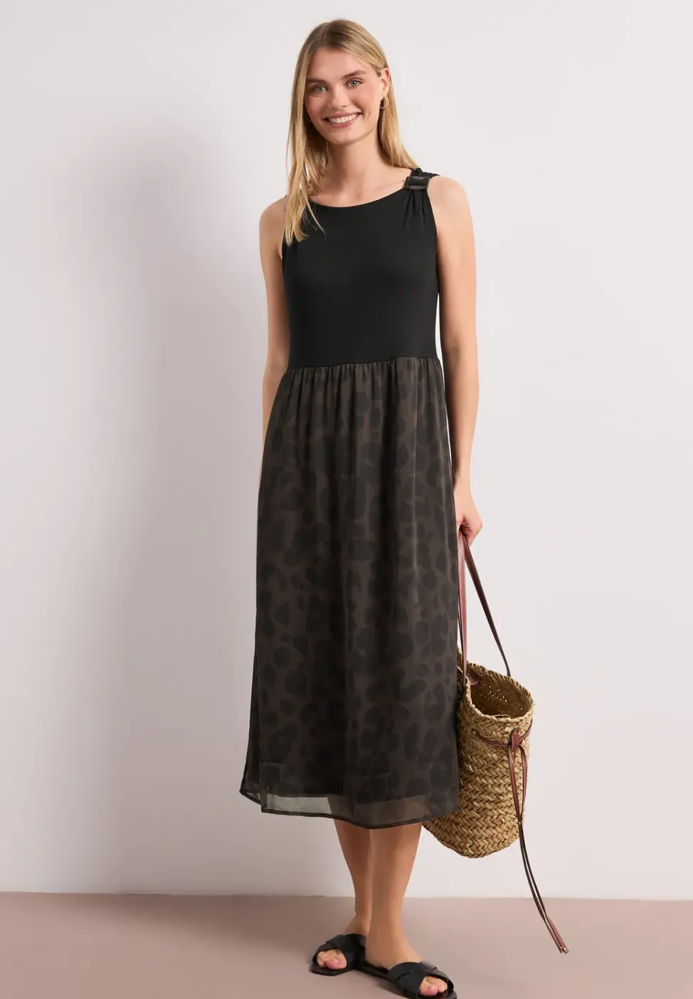 Midi-Kleid mit Strukturmix und Print