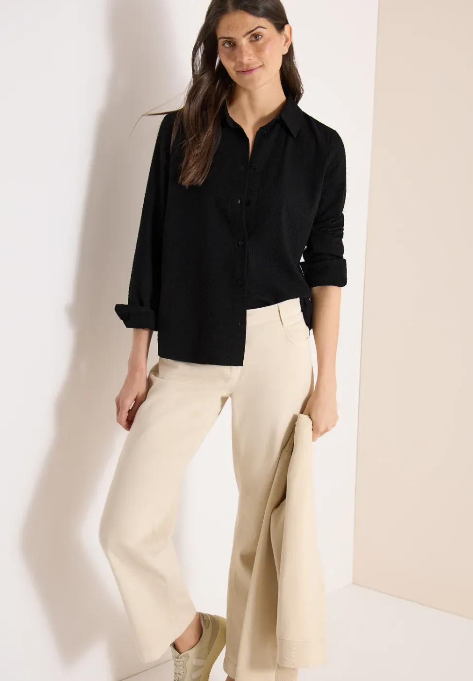 Seersucker Langarm Bluse mit Knopfleiste