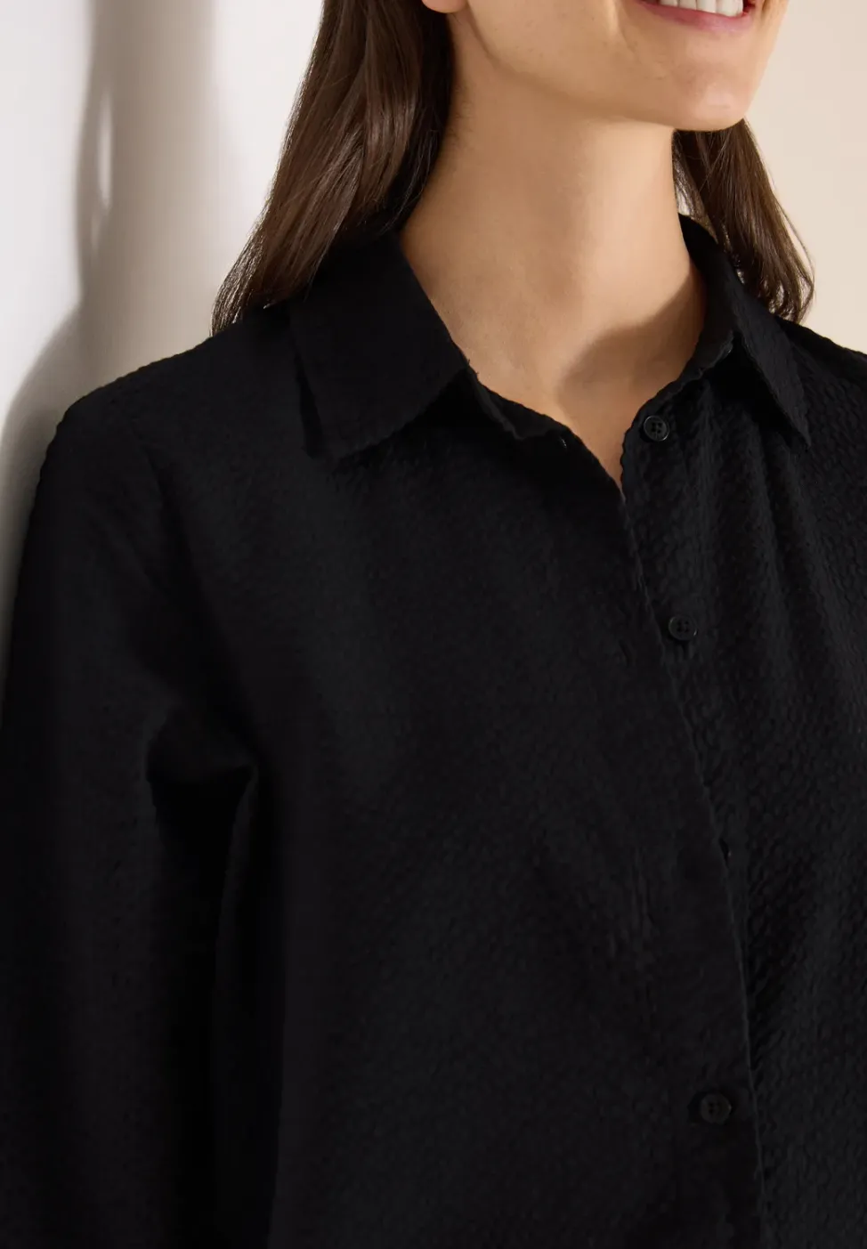 Seersucker Langarm Bluse mit Knopfleiste