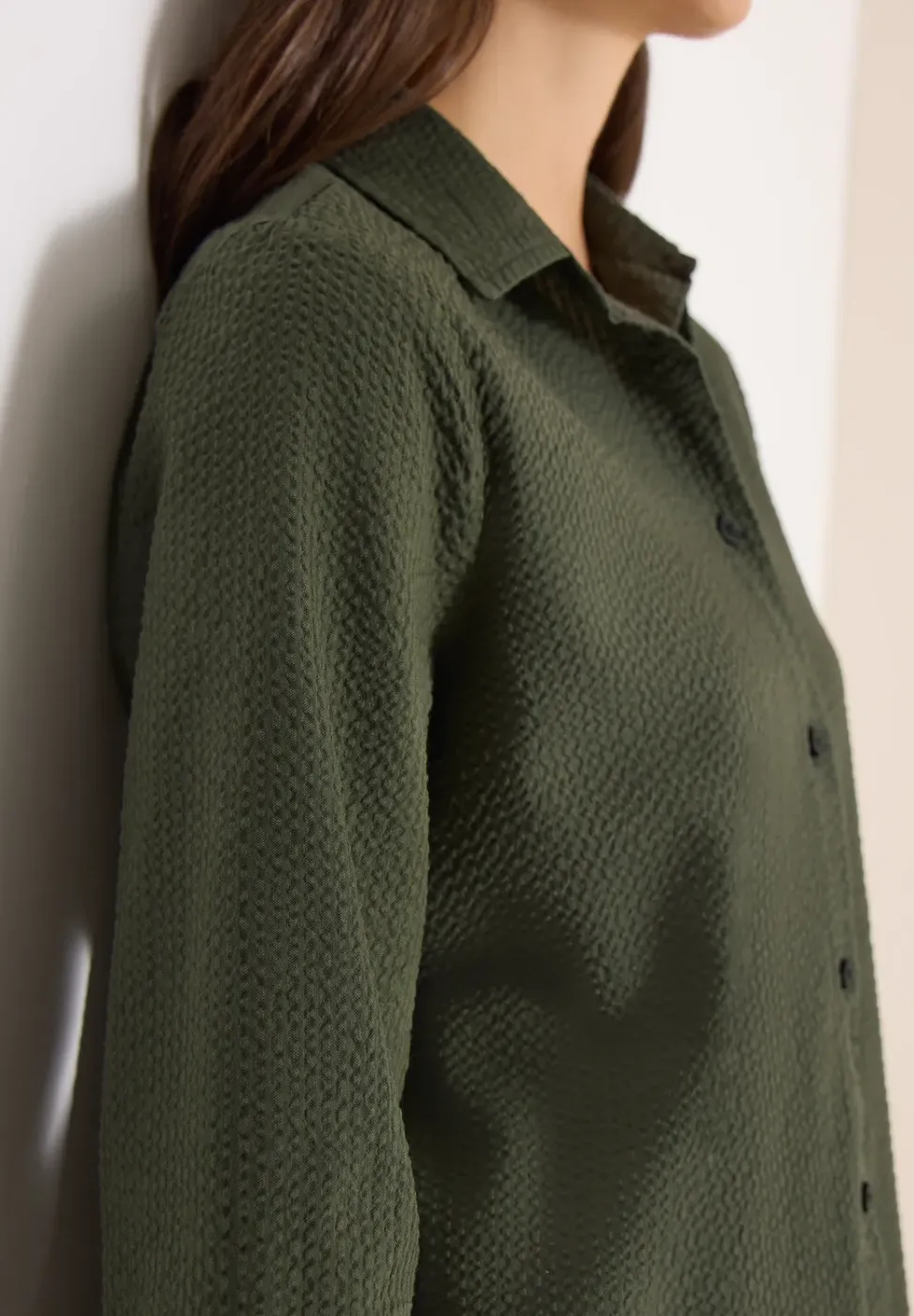 Seersucker Langarm Bluse mit Knopfleiste