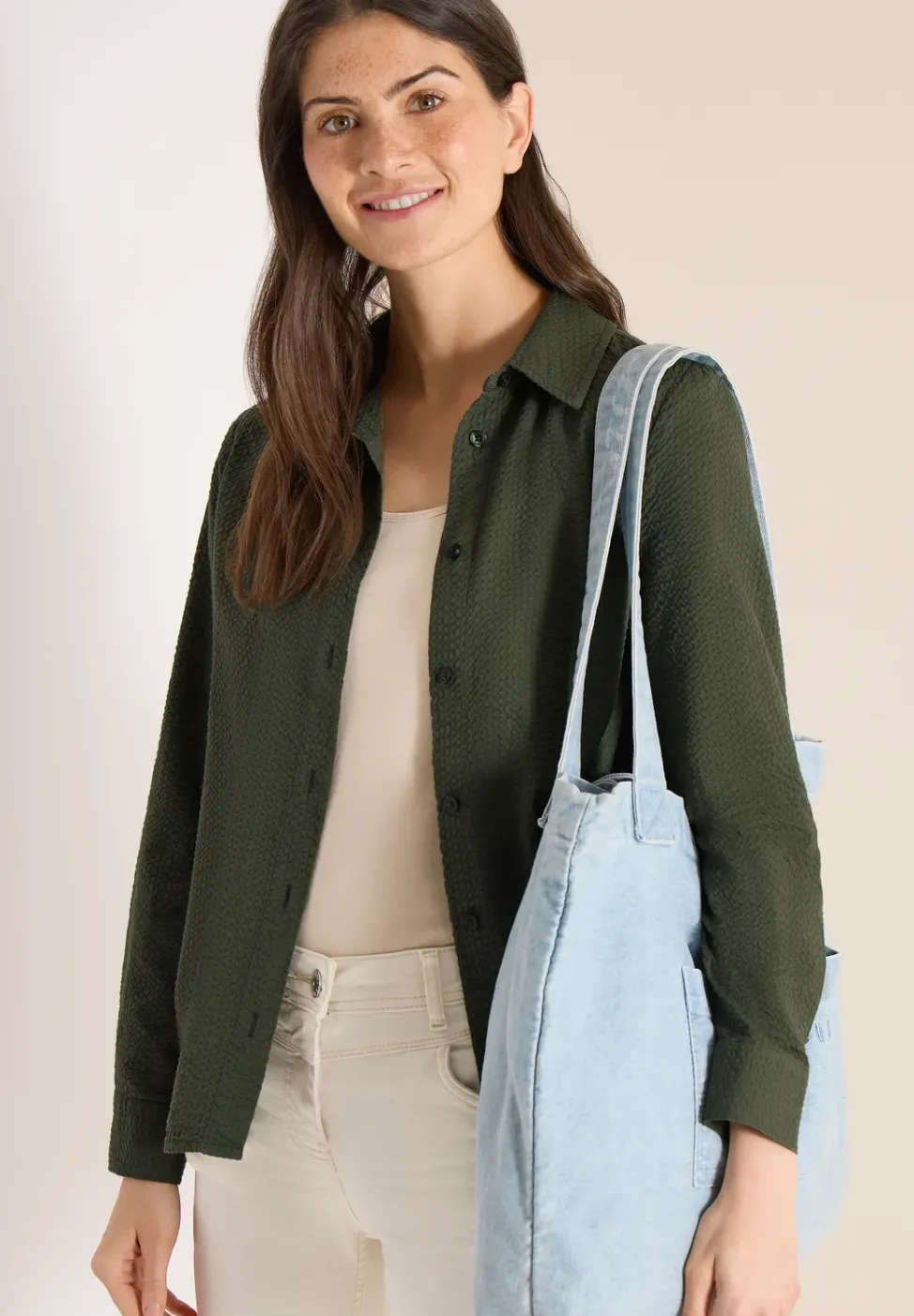 Seersucker Langarm Bluse mit Knopfleiste
