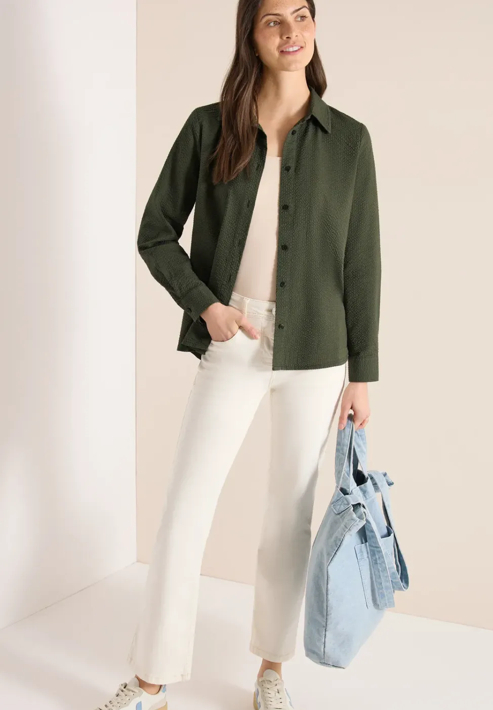 Seersucker Langarm Bluse mit Knopfleiste