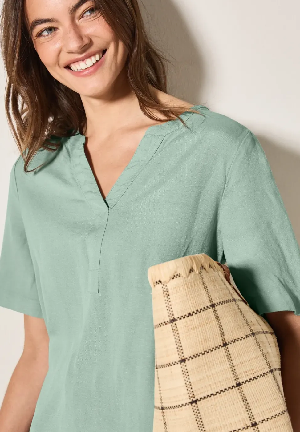 Split Neck Leinenmix Kleid